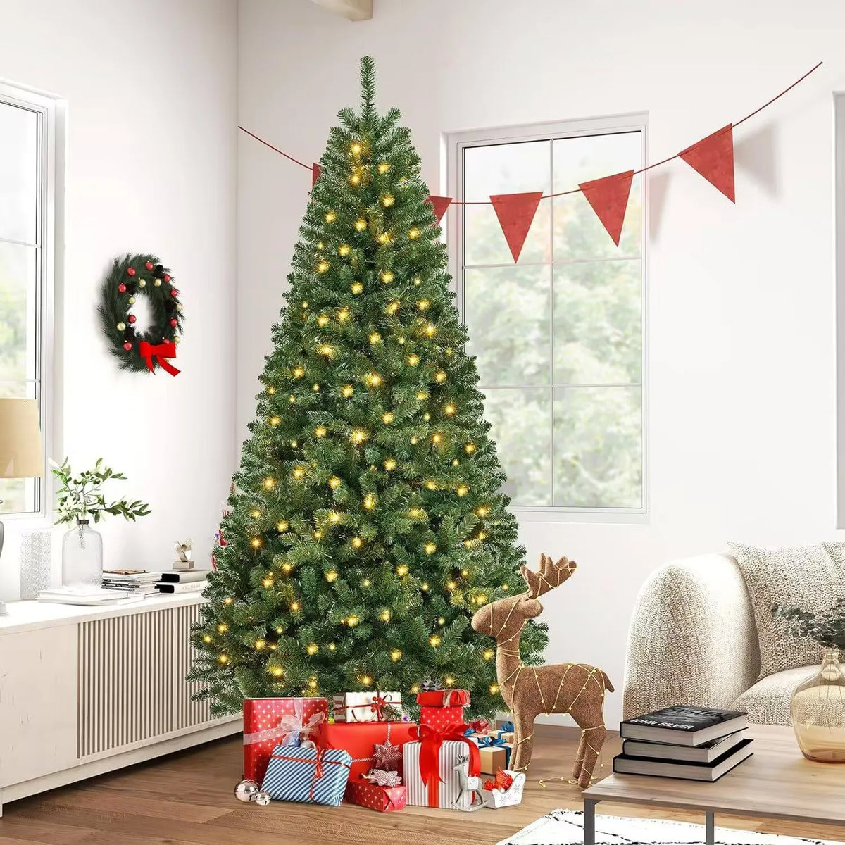 5–10ft Artificial Christmas Tree – Snow Flocked, Pre-Lit with 900 Lights